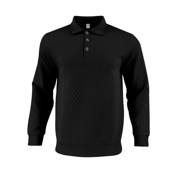 Men's Casual Shirts Solid Color Jacquard Long Sleeve Lapel Collar 1/4 Button Down Loose T-Shirt Blouse Tops (M, Black)