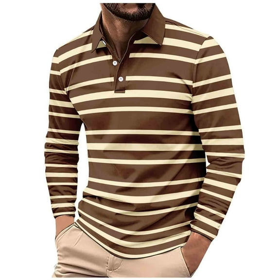 Men's Casual Shirts Striped Printed Long Sleeve Lapel Collar 1/4 Button Down Loose T-Shirt Blouse Tops (3XL, Coffee G)