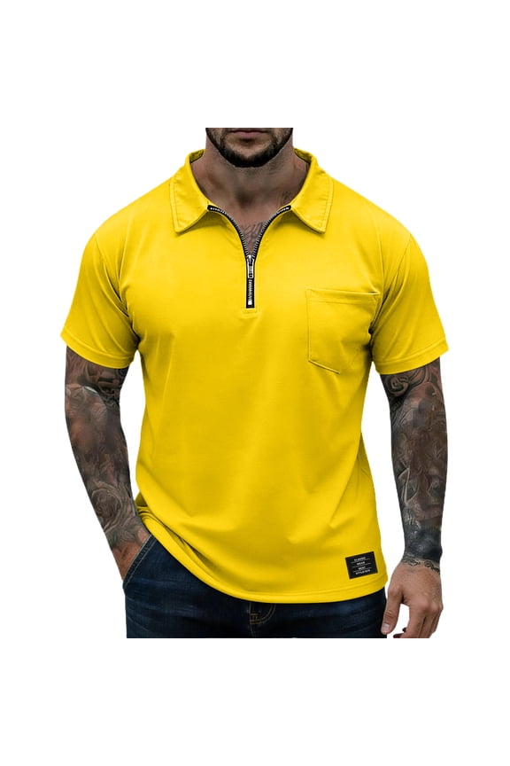Men's Casual Short Sleeve 1/4 Zip Up Polo Shirts Turn Down Collar Lightweight Breathable Pocket Design Tops For All Seasons,Yellow,S