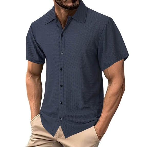 Men's Casual Short Sleeve Button Down Collar Shirt Solid Color Polyester Comfortable Daily Wear