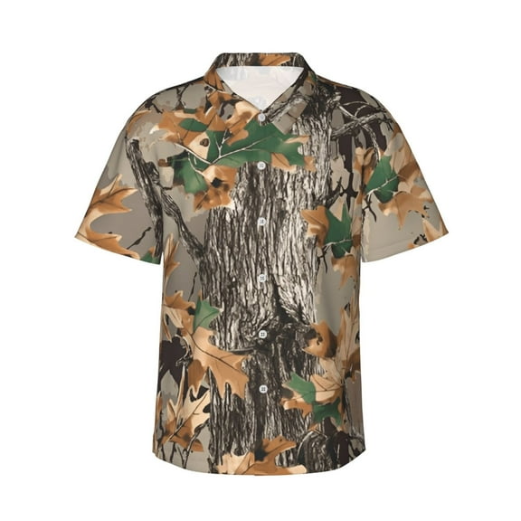 Men's Casual Short Sleeve Button-Down Hawaiian Shirts,Camo Forest Hunting Shirts Regular Fit Beach Bowling Shirts with Front Pocket,L