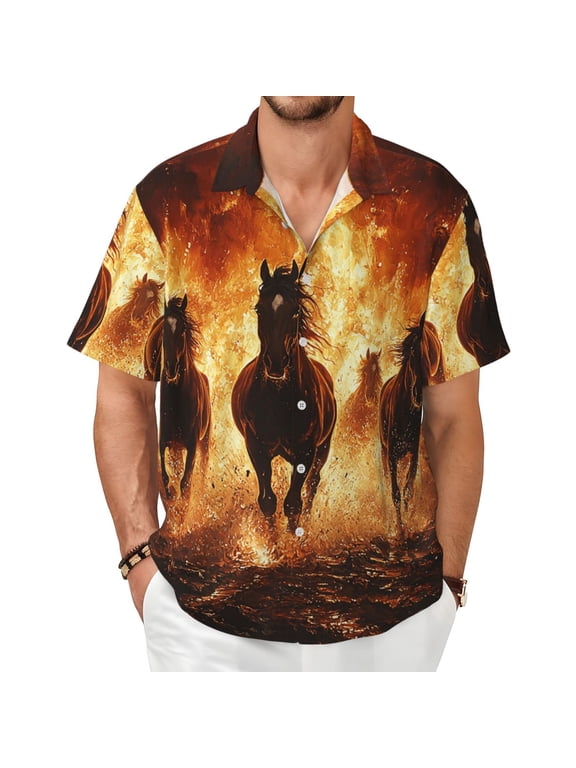 Men's Casual Short Sleeve Button Down Hawaiian Shirts Summer Tops , Horses Fire Flame Burning