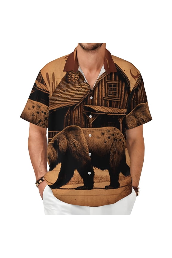 Men's Casual Short Sleeve Button Down Hawaiian Shirts Summer Tops, Rustic Lodge Cabin Bear Southwestern Vintage