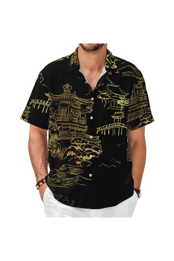 Men's Casual Short Sleeve Button Down Hawaiian Shirts Summer Tops, Temple Fish Garden Japanese