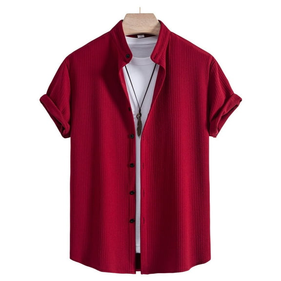 Men's Casual Short Sleeve Button-Down Shirt, Solid Color Polyester Top for Summer Outdoor Wear