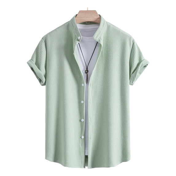 Men's Casual Short Sleeve Button-Down Shirt, Solid Color Polyester Top for Summer Outdoor Wear
