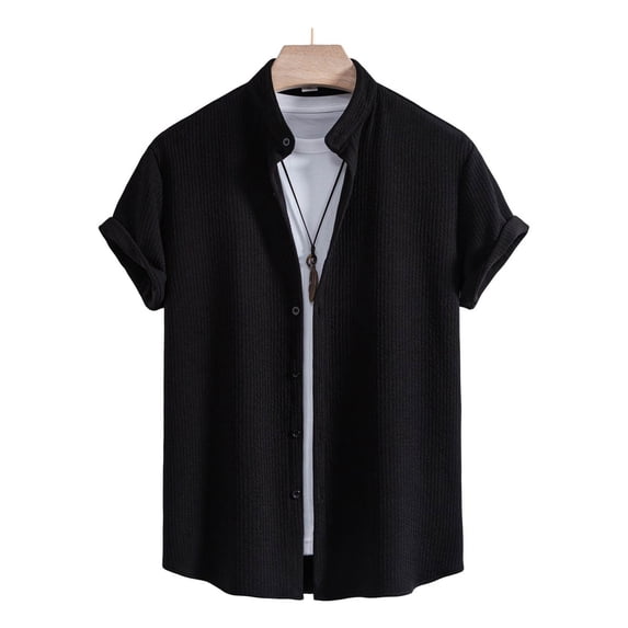 Men's Casual Short Sleeve Button-Down Shirt, Solid Color Polyester Top for Summer Outdoor Wear