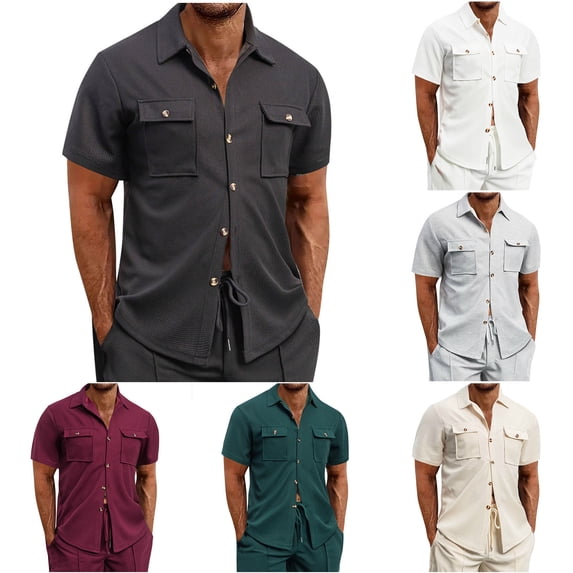 Men's Casual Short Sleeve Button Down Shirt Solid Cotton Blend Crewneck Top Breathable Outdoor Work Travel Essential | JASKFLY,Black L