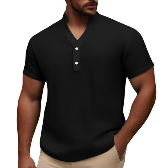 Men's Casual Short Sleeve Button Down Shirt Summer Breathable Comfortable Pure Color No Collar Top for Spring and Daily Wear