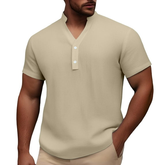 Men's Casual Short Sleeve Button Down Shirt Summer Breathable Comfortable Pure Color No Collar Top for Spring and Daily Wear