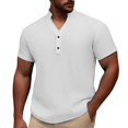 thumbnail image 1 of Men's Casual Short Sleeve Button Down Shirt Summer Breathable Comfortable Pure Color No Collar Top for Spring and Daily Wear, 1 of 4