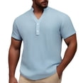 thumbnail image 1 of Men's Casual Short Sleeve Button Down Shirt Summer Breathable Comfortable Pure Color No Collar Top for Spring and Daily Wear, 1 of 4