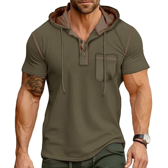 Men's Casual Short Sleeve Button-Down Shirt with Hood and Patchwork