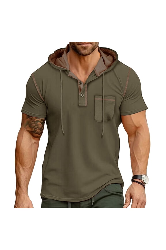 Men's Casual Short Sleeve Button-Down Shirt with Hood and Patchwork