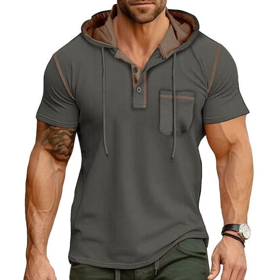Men's Casual Short Sleeve Button-Down Shirt with Hood and Patchwork