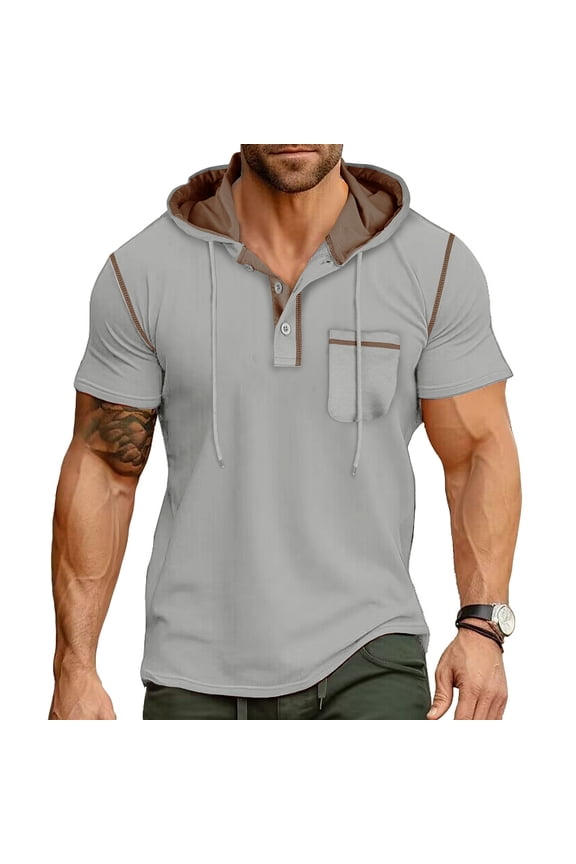 Men's Casual Short Sleeve Button-Down Shirt with Hood and Patchwork