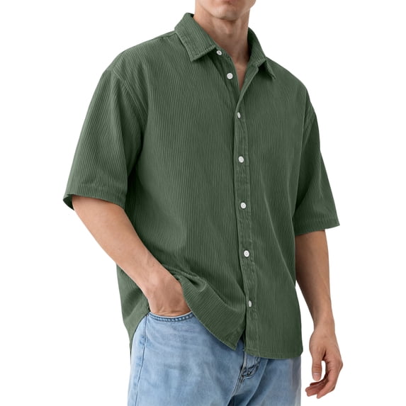 Men's Casual Short Sleeve Button Down Shirts Vertical Textured Fabric Turn Down Collar Loose Fit Summer Tops,Army Green,S