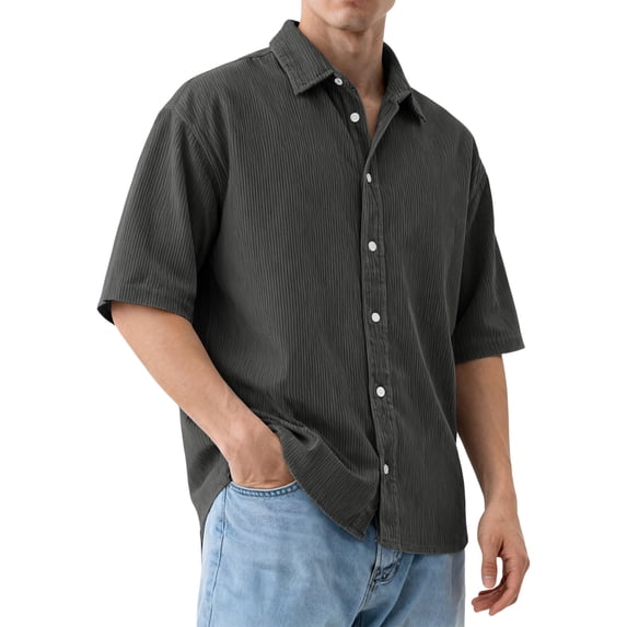 Men's Casual Short Sleeve Button Down Shirts Vertical Textured Fabric Turn Down Collar Loose Fit Summer Tops,Black,XXXXL