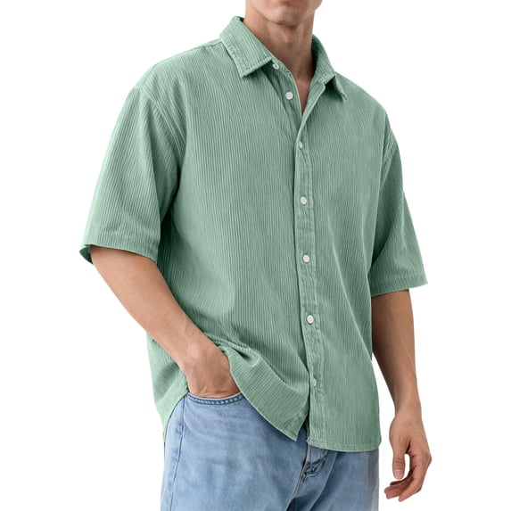 Men's Casual Short Sleeve Button Down Shirts Vertical Textured Fabric Turn Down Collar Loose Fit Summer Tops,Light Green,XL