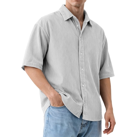 Men's Casual Short Sleeve Button Down Shirts Vertical Textured Fabric Turn Down Collar Loose Fit Summer Tops,White,M