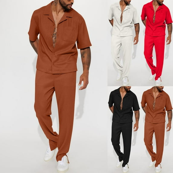 Men's Casual Short Sleeve Button Down Shirt and Pants Suit Set Solid Color Loose Fit Modern Business Office Travel Outfits Two Piece Gift for Him | AESTIVO,Red XL