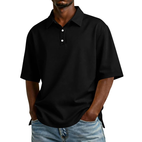 Men's Casual Short Sleeve Button Up Polo Shirts Lightweight Breathable Turn Down Collar Tops For Daily Wear,Black,S