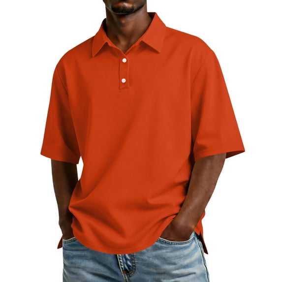 Men's Casual Short Sleeve Button Up Polo Shirts Lightweight Breathable Turn Down Collar Tops For Daily Wear,Vermilion,M