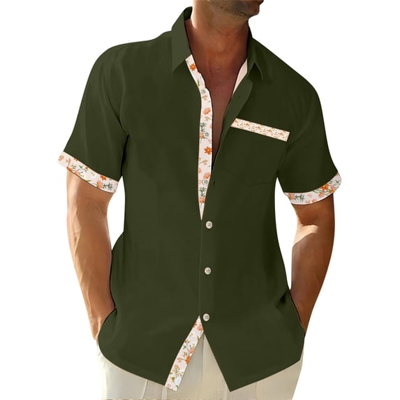 Men's Casual Short Sleeve Button Up Shirts Floral Trim Turn Down Collar Chest Pocket Beach Vacation Tops,Army Green,S