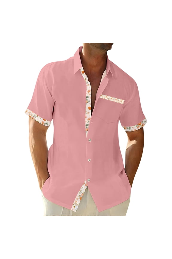 Men's Casual Short Sleeve Button Up Shirts Floral Trim Turn Down Collar Chest Pocket Beach Vacation Tops,Pink,XXL