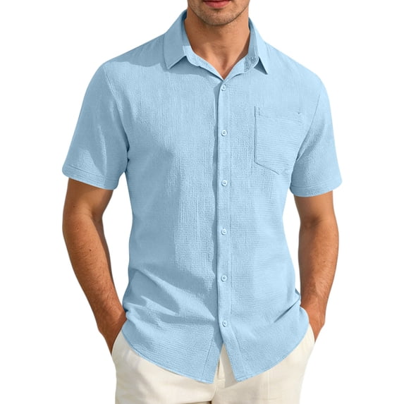 Men's Casual Short Sleeve Button Up Shirts Textured Fabric Turn Down Collar Chest Pocket Wrinkle Free Casual Tops,Light Blue,S
