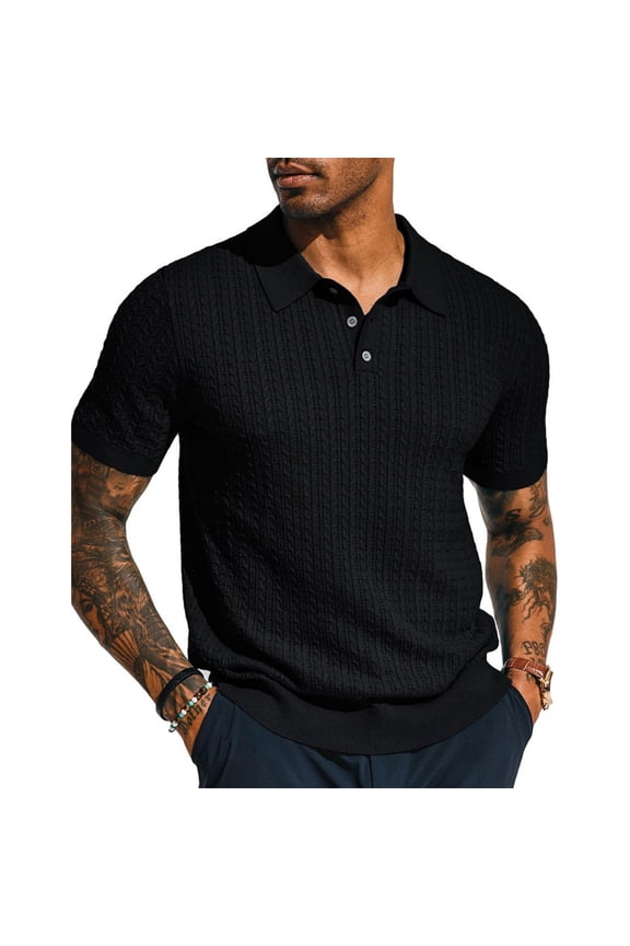 Men's Casual Short Sleeve Cable Knit Polo Shirts Turn Down Collar Textured Breathable Lightweight Summer Tops,Black,S