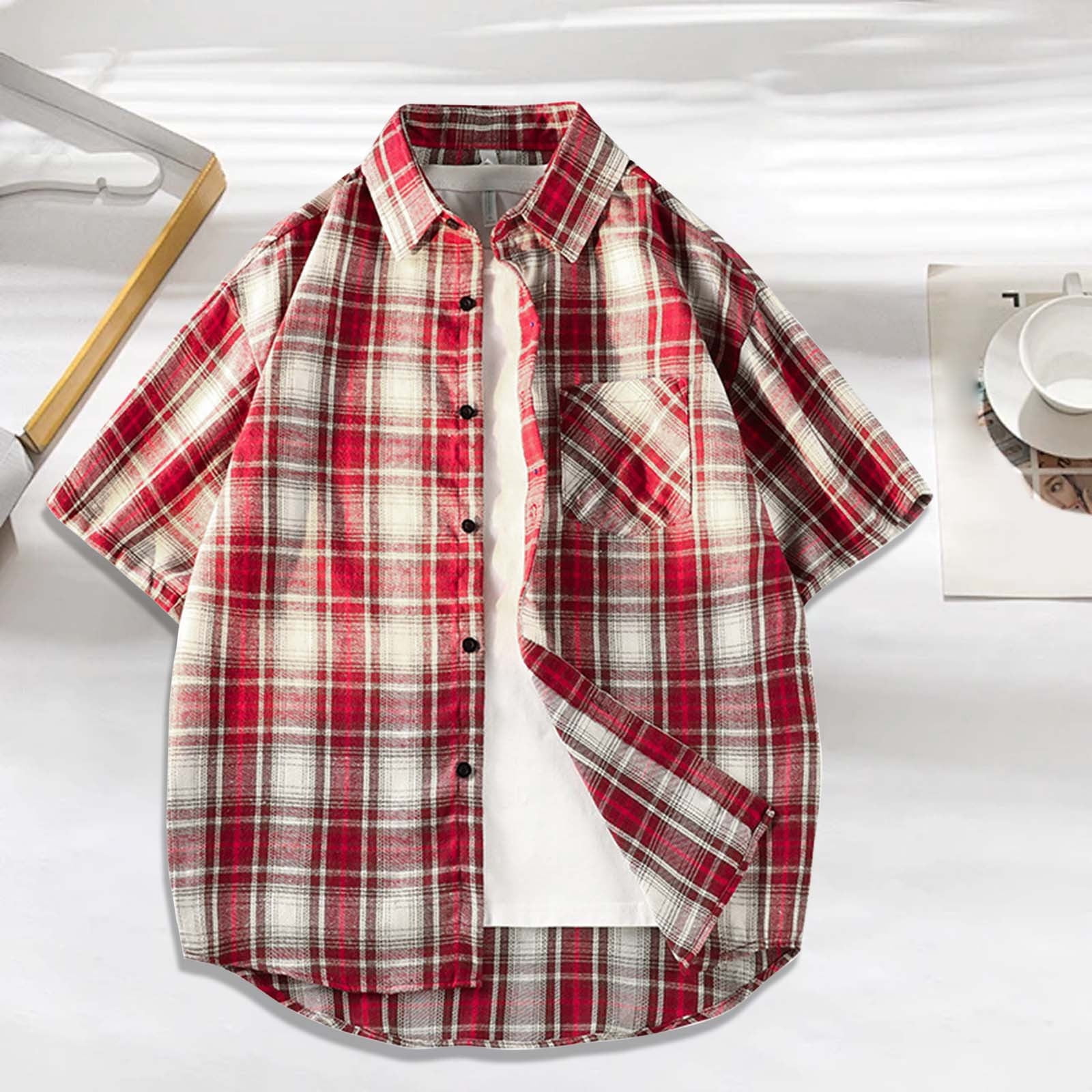 Men's Casual Short-Sleeve Checkered Linen Shirt for Outdoor Activities and Daily Wear