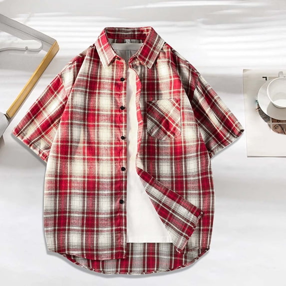 Men's Casual Short-Sleeve Checkered Linen Shirt for Outdoor Activities and Daily Wear
