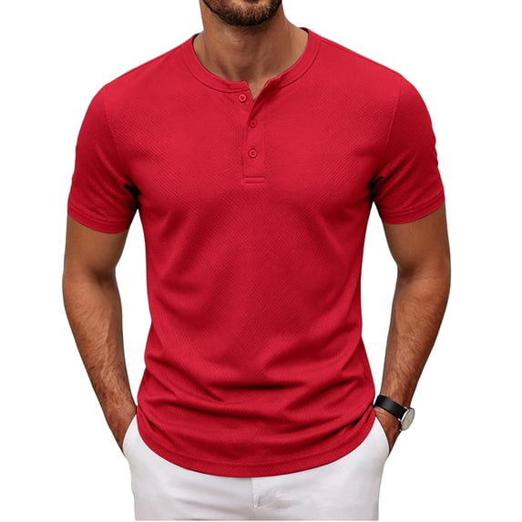 Men's Casual Short Sleeve Collarless Three-Button Pullover Shirt Solid Basic Top Breathable Textured Fabric Classic Relaxed Fit Pocket-Free Versatile for Weekend Gym Travel Red S