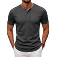 thumbnail image 1 of Men's Casual Short Sleeve Collarless Three-Button Pullover Shirt Solid Basic Top Breathable Textured Fabric Classic Relaxed Fit Pocket-Free Versatile for Weekend Gym Travel Gray XL, 1 of 8