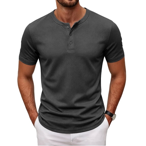 Men's Casual Short Sleeve Collarless Three-Button Pullover Shirt Solid Basic Top Breathable Textured Fabric Classic Relaxed Fit Pocket-Free Versatile for Weekend Gym Travel Gray XL