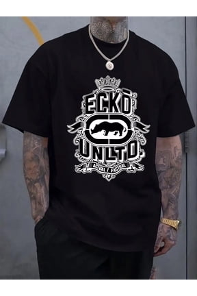 Men's Casual Short Sleeve Crew Neck T-Shirt, White with Black "ECCO UNITO" Print - Ideal for Summer Outdoor Activities, Lightweight Polyester Blend Fabric, Shirts for Summer