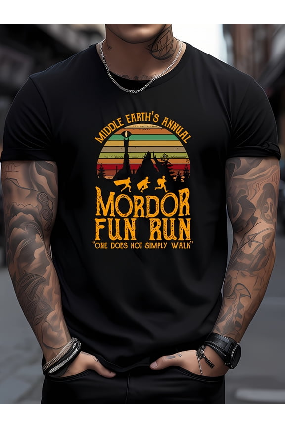 Men's Casual Short Sleeve Graphic Tee - Middle Earth's Annual Mordor Fun Run Print with One Door Doesn't Grampy Wall Slogan, Black & Yellow Lettering,