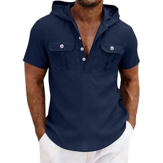 Men's Casual Short Sleeve Hooded Shirt with Button Front and Chest Pocket