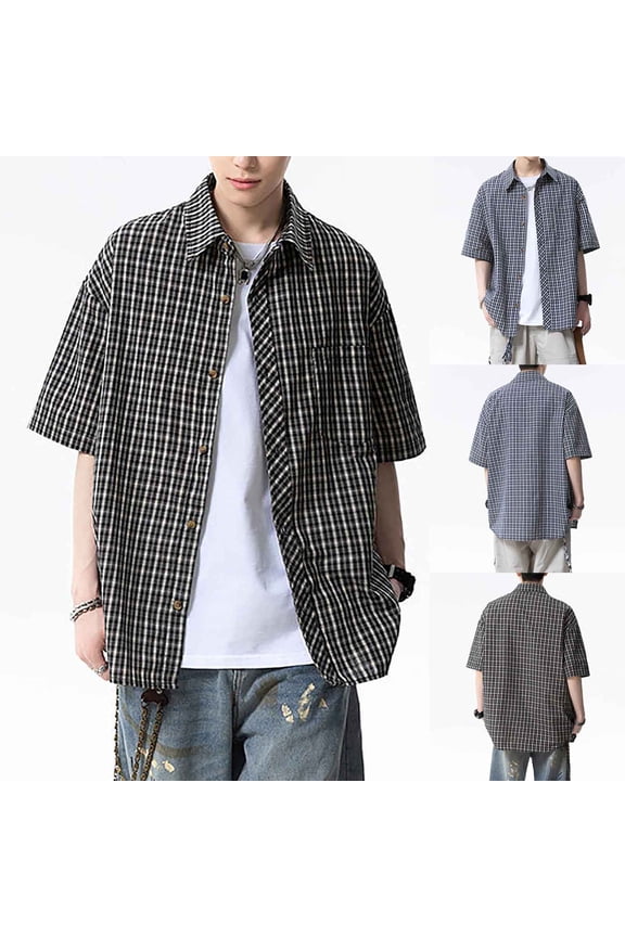 Men's Casual Short Sleeve Lapel Check Button Down Shirt Tops for Men Loose Fit Cotton Linen Business Casual Work Office Beach Vacation Streetwear Fashion | AESTIVO,Black L