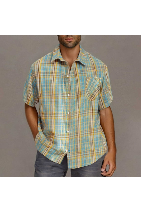 Men's Casual Short Sleeve Lapel Shirt Button Down Top with Check Pattern Business Casual Work Office Travel Modern Fashion Essential | AESTIVO,Yellow L
