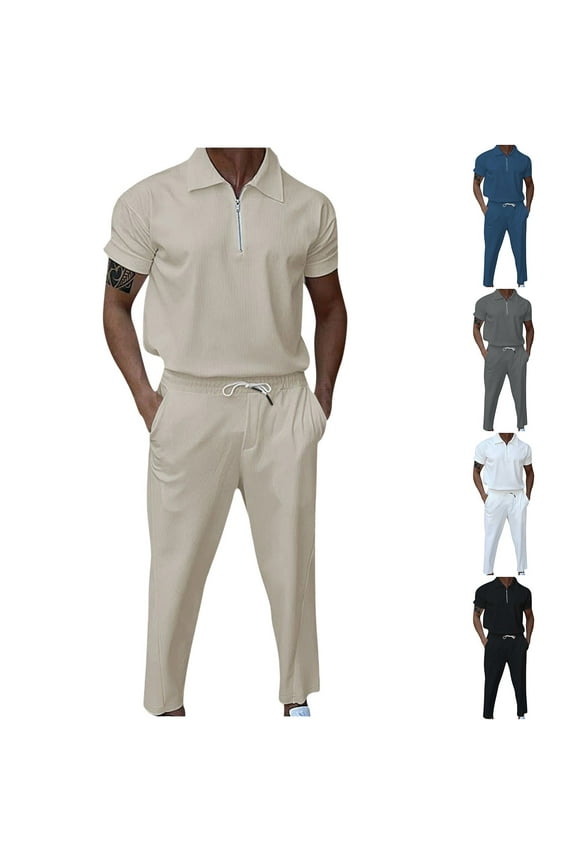 Men's Casual Short Sleeve Lapel Suit Set with Long Pants Personalized Matching Outfits for Men Business Casual Office Work Travel Modern Fashion Essential | AESTIVO,White L