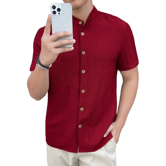 Men's Casual Short Sleeve Mandarin Collar Button Up Shirts Textured Fabric Lightweight Breathable Tops,Red,XXL