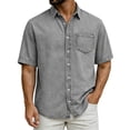 thumbnail image 1 of Men's Casual Short Sleeve Point Collar Button-Down Shirt Solid Basic Top Breathable Soft Washed Cotton Chest Pocket All-Day Comfort for Office Daily Wear Party Gray 3XL, 1 of 8