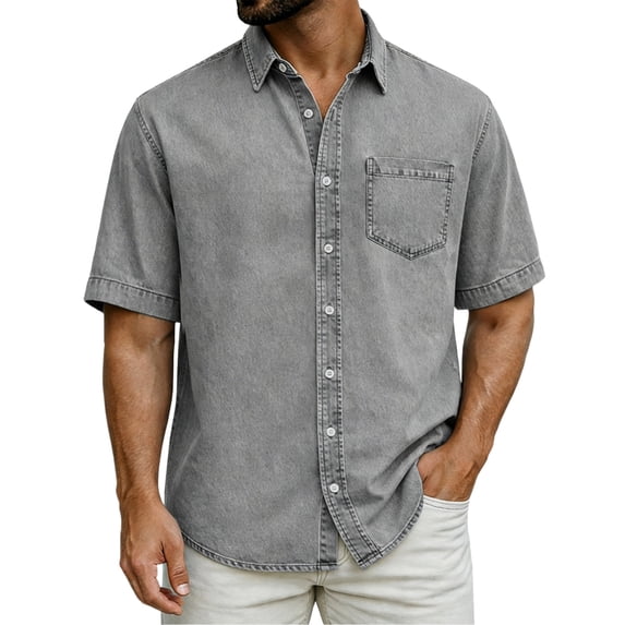 Men's Casual Short Sleeve Point Collar Button-Down Shirt Solid Basic Top Breathable Soft Washed Cotton Chest Pocket All-Day Comfort for Office Daily Wear Party Gray 3XL