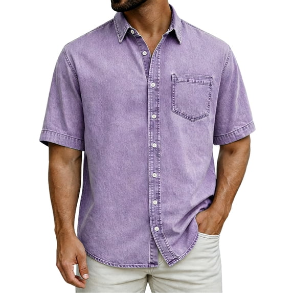 Men's Casual Short Sleeve Point Collar Button-Down Shirt Solid Basic Top Breathable Soft Washed Cotton Chest Pocket All-Day Comfort for Office Daily Wear Party Purple L