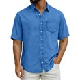thumbnail image 1 of Men's Casual Short Sleeve Point Collar Button-Down Shirt Solid Basic Top Breathable Soft Washed Cotton Chest Pocket All-Day Comfort for Office Daily Wear Party Blue L, 1 of 9