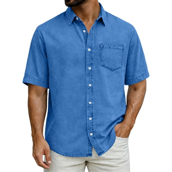 Men's Casual Short Sleeve Point Collar Button-Down Shirt Solid Basic Top Breathable Soft Washed Cotton Chest Pocket All-Day Comfort for Office Daily Wear Party Blue L