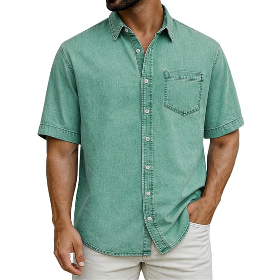 Men's Casual Short Sleeve Point Collar Button-Down Shirt Solid Basic Top Breathable Soft Washed Cotton Chest Pocket All-Day Comfort for Office Daily Wear Party Green 3XL