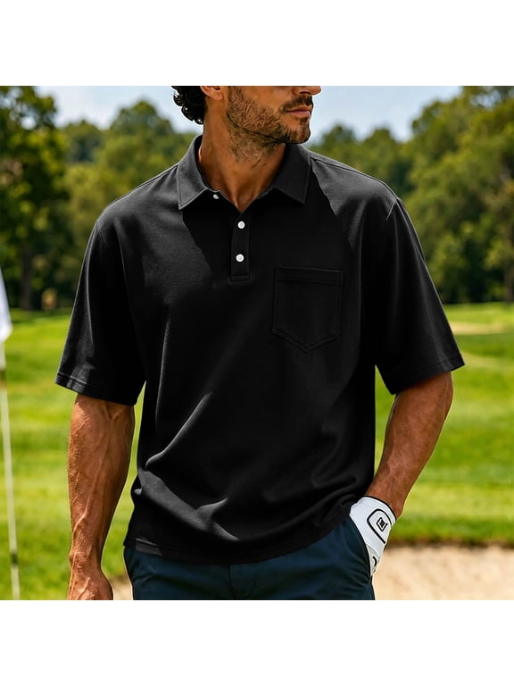 Men's Casual Short Sleeve Polo Shirt, Lightweight Breathable Collared Button Down Tee Top with Front Pocket, Loose Fit Solid Color Summer Garment, Black XL